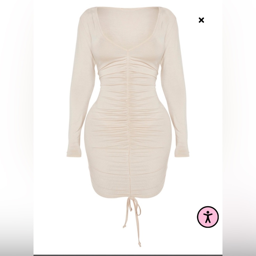 Sand Jersey Long Sleeve Ruched Front Dress